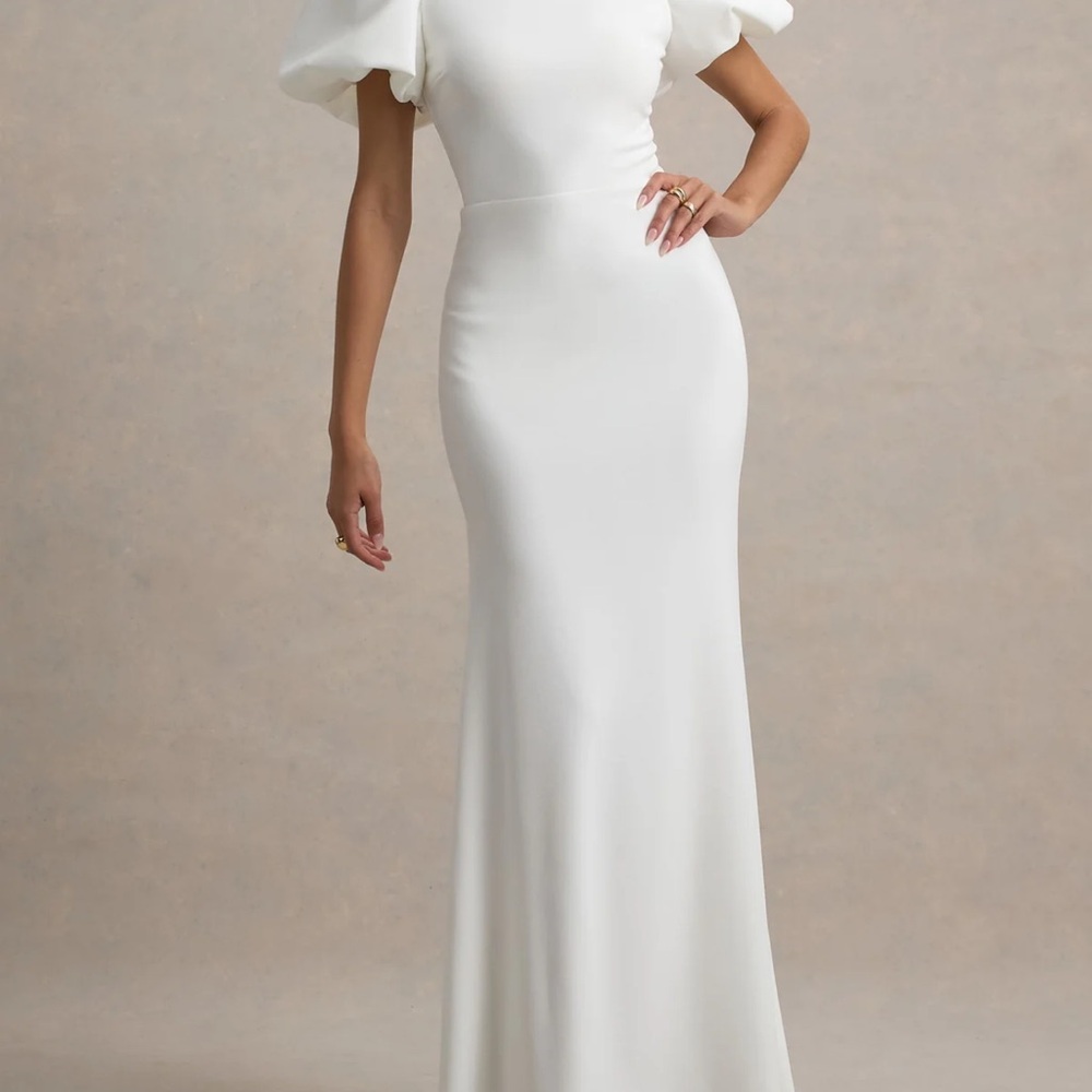 Club L London White One Shoulder Puff Sleeve Gown